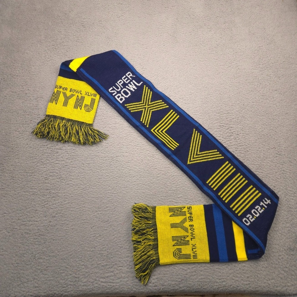 NFL Super Bowl XLVIII Knit Scarf Mens NYNJ 02 02 14 Navy Yellow Fringe Warm